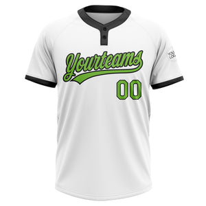 Custom White Neon Green-Black Two-Button Unisex Softball Jersey