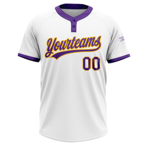 Custom White Purple-Gold Two-Button Unisex Softball Jersey