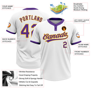 Custom White Purple-Gold Two-Button Unisex Softball Jersey