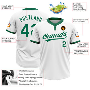 Custom White Kelly Green Two-Button Unisex Softball Jersey