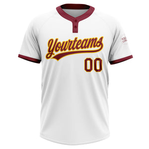 Custom White Crimson-Gold Two-Button Unisex Softball Jersey