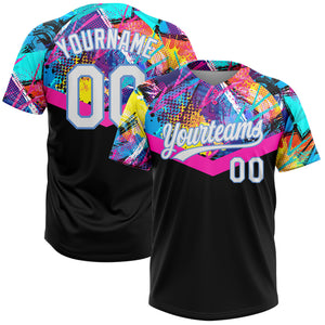 Custom Black White-Light Blue 3D Pattern Two-Button Unisex Softball Jersey