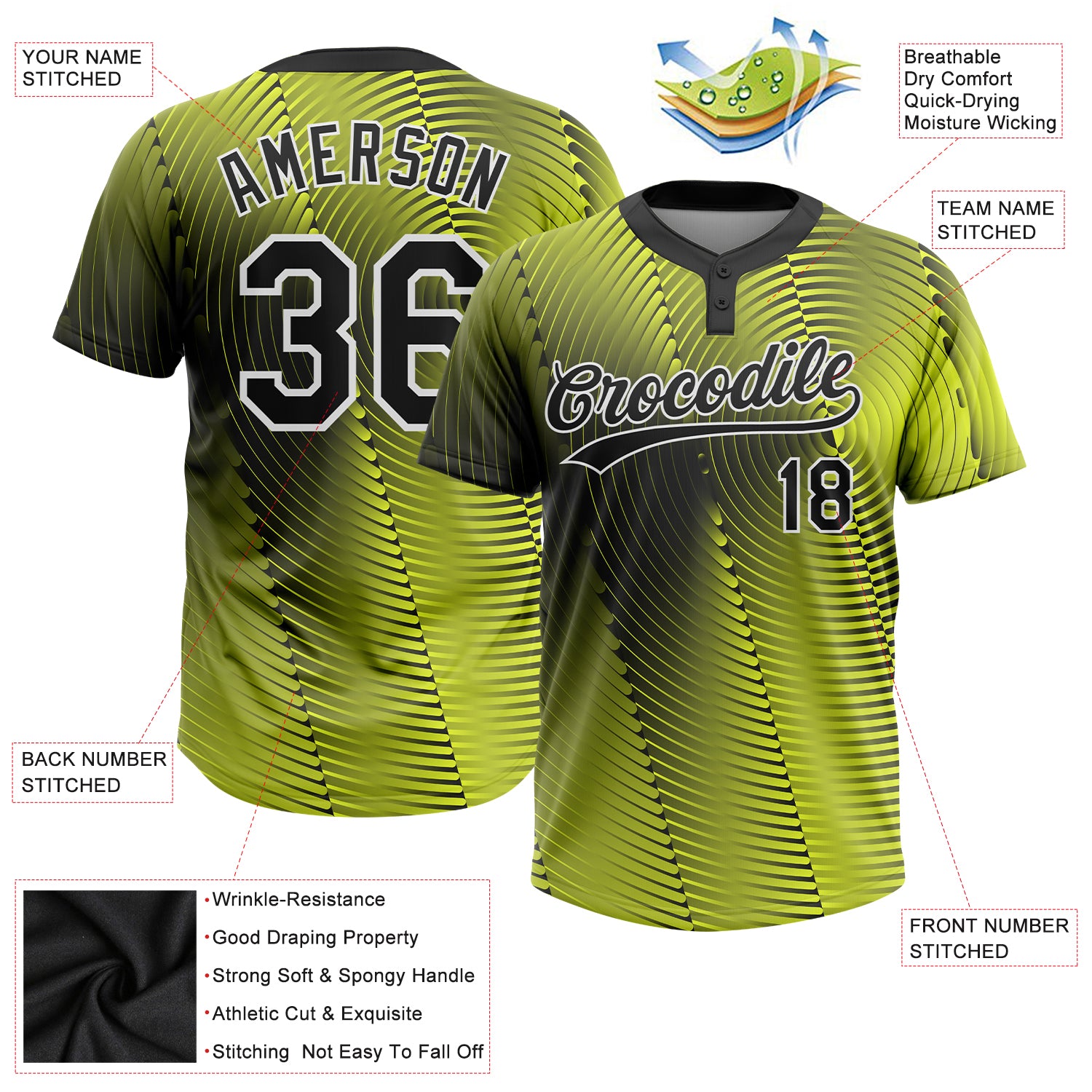 Custom Gold Green-White 3D Pattern Two-Button Unisex Softball Jersey