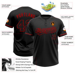 Custom Black Black-Red Two-Button Unisex Softball Jersey