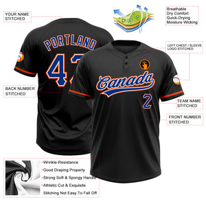 Custom Black Royal-Orange Two-Button Unisex Softball Jersey