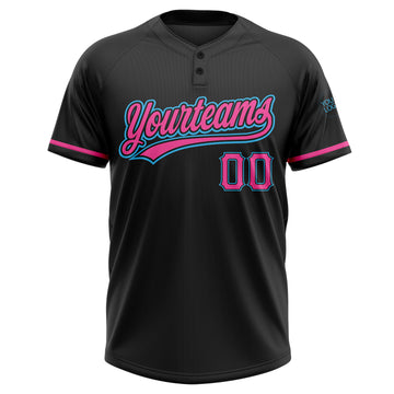 Custom Black Pink-Sky Blue Two-Button Unisex Softball Jersey