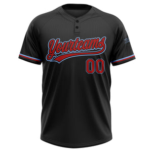 Custom Black Red-Light Blue Two-Button Unisex Softball Jersey