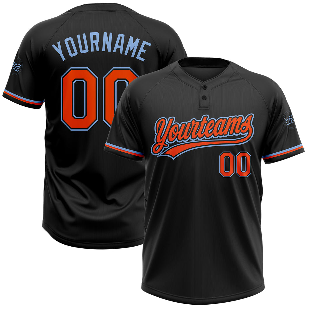 Custom Black Orange-Light Blue Two-Button Unisex Softball Jersey