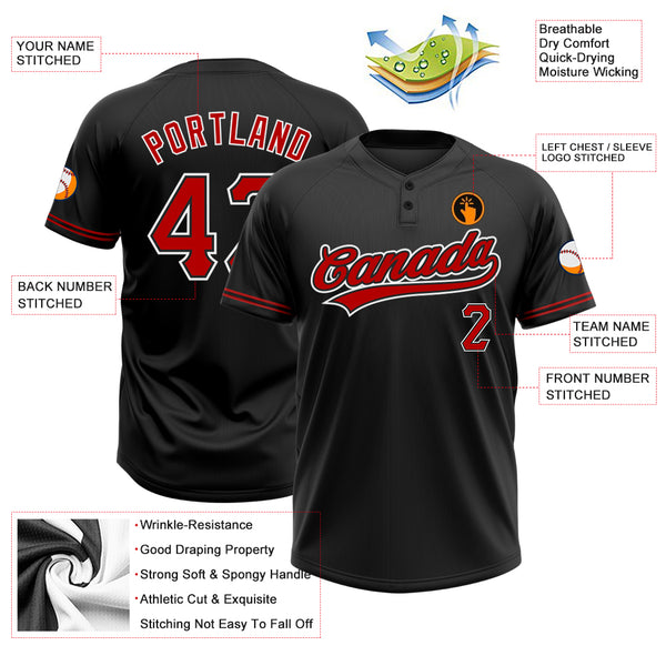 Red and Black 2 button baseball jersey with team name in tackle