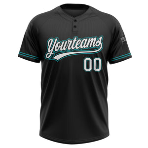 Custom Black White-Teal Two-Button Unisex Softball Jersey