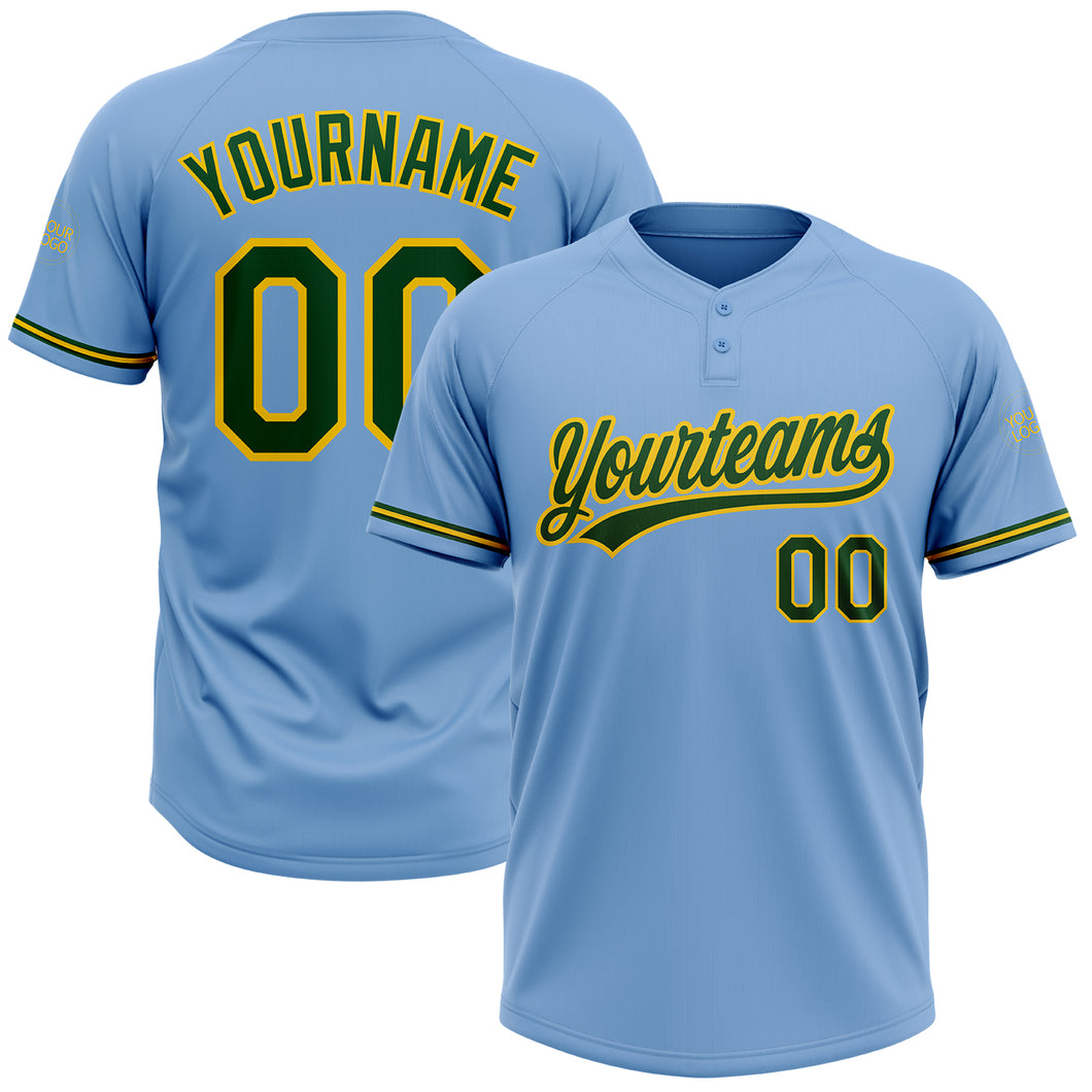 Custom Light Blue Green-Yellow Two-Button Unisex Softball Jersey