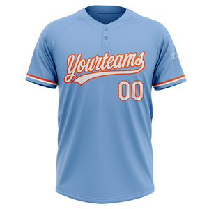 Custom Light Blue White-Orange Two-Button Unisex Softball Jersey