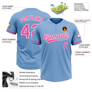 Custom Light Blue Pink-White Two-Button Unisex Softball Jersey