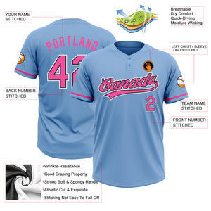 Custom Light Blue Pink-Black Two-Button Unisex Softball Jersey