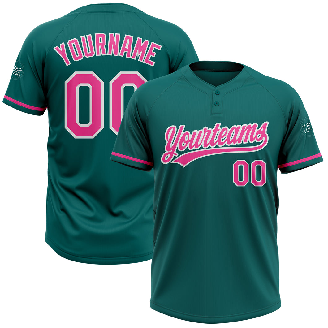 Custom Teal Pink-White Two-Button Unisex Softball Jersey