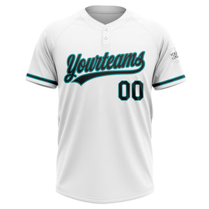 Custom White Black-Teal Two-Button Unisex Softball Jersey