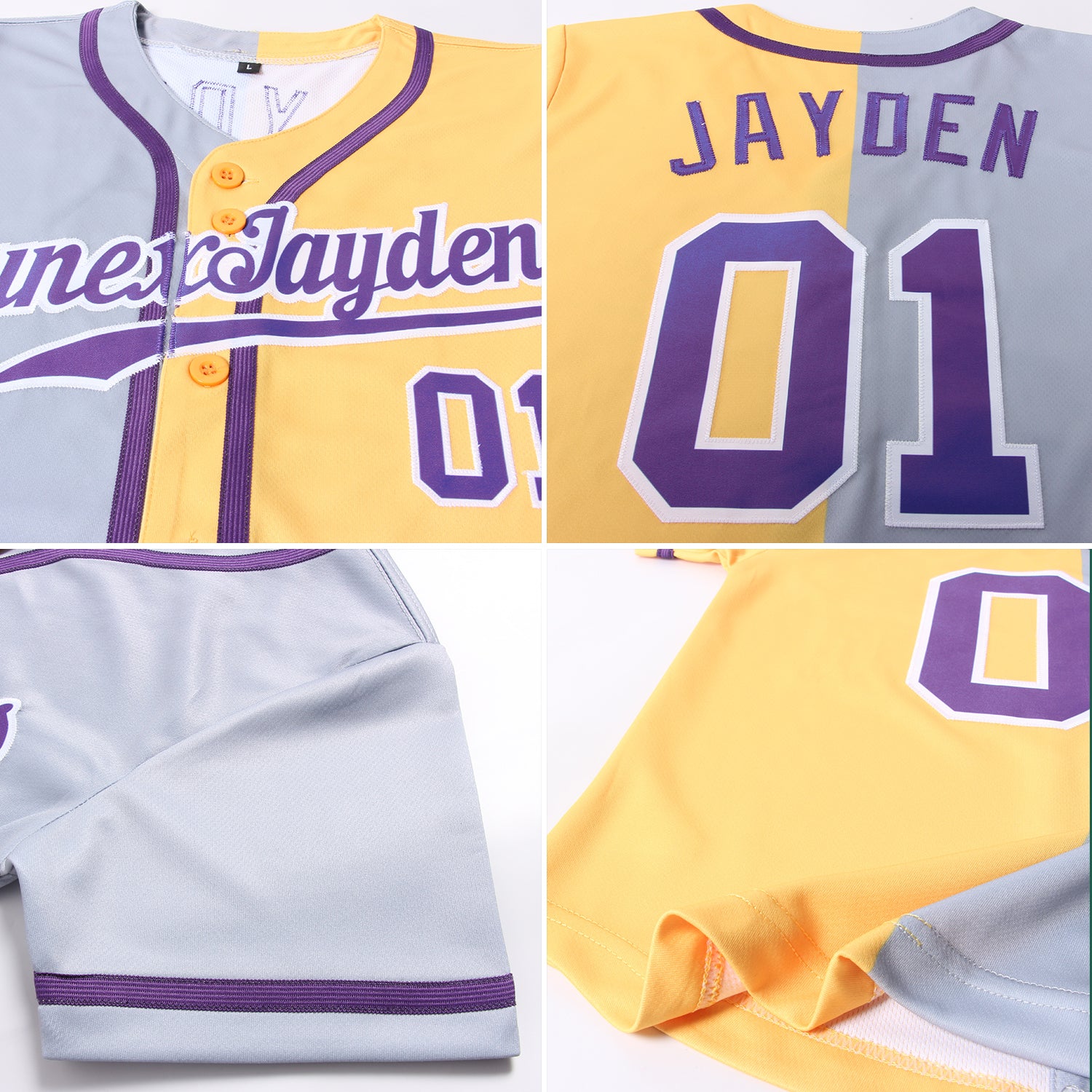 Custom Purple Gray White Split Fashion Baseball Jerseys for Men & Women JN10152, S / No Piping