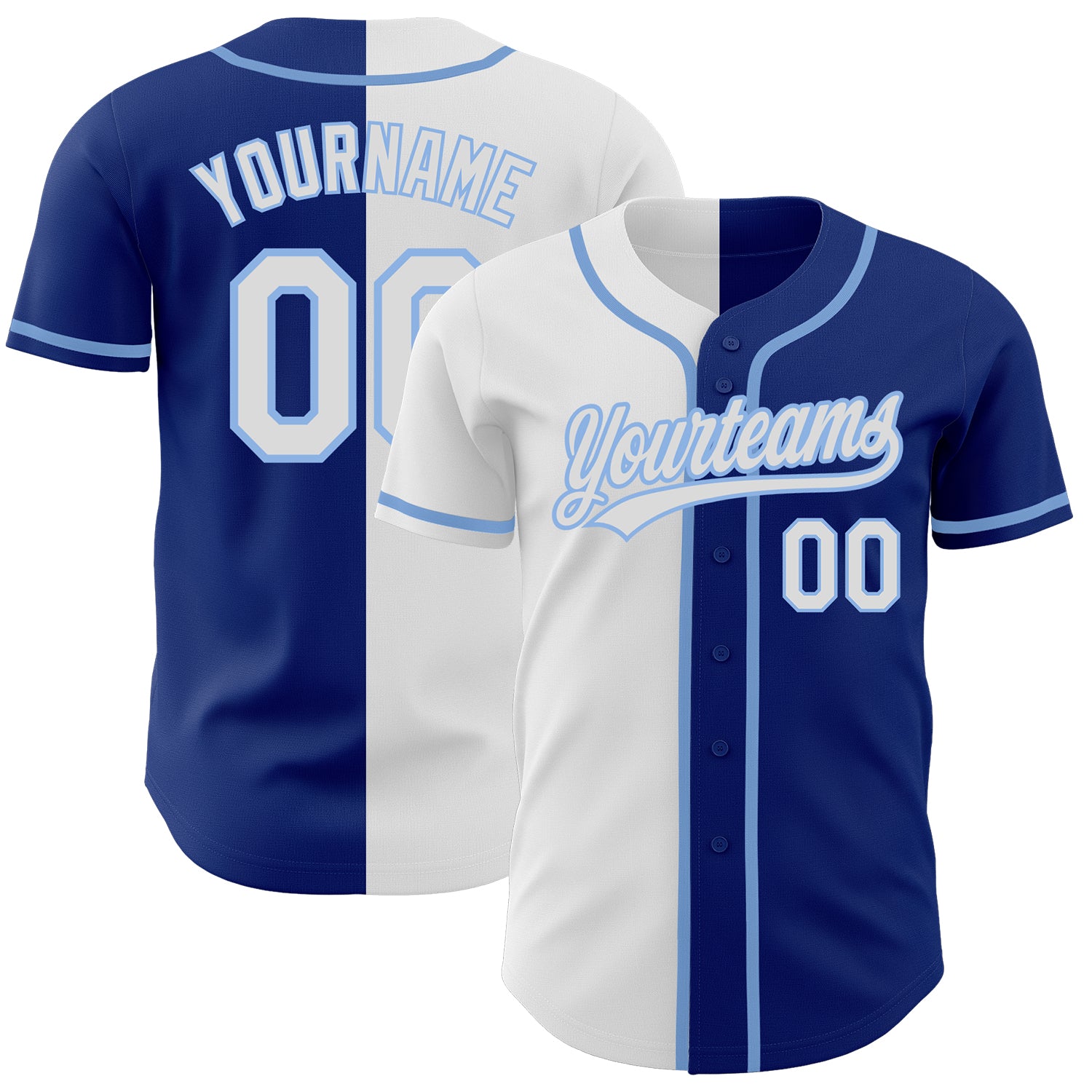 Custom White Light Blue-Royal Authentic Split Fashion Baseball Jersey