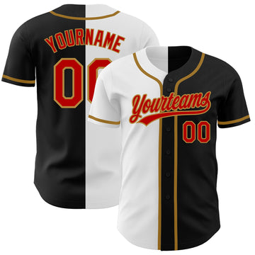 Custom Black Red White-Old Gold Authentic Split Fashion Baseball Jersey