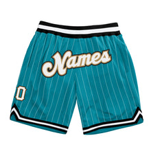 Load image into Gallery viewer, Custom Teal White Pinstripe White-Old Gold Authentic Basketball Shorts
