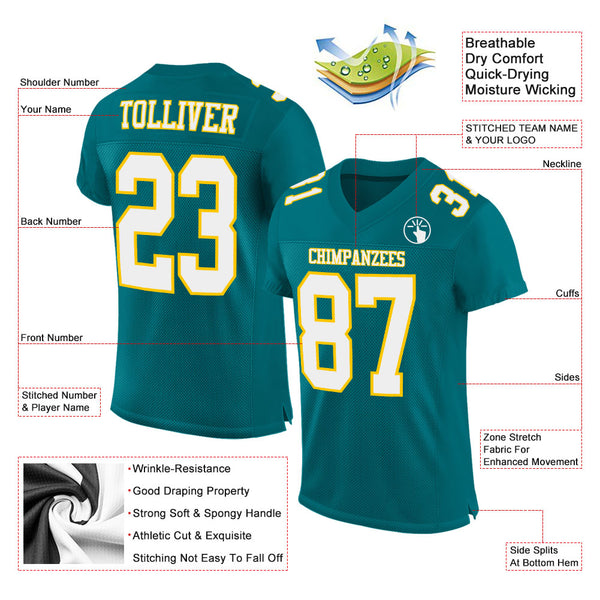 Cheap Custom Teal White-Gold Mesh Authentic Football Jersey Free