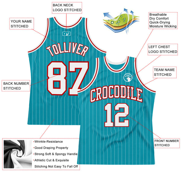 Custom Teal White Pinstripe White-Red Authentic Basketball Jersey Discount