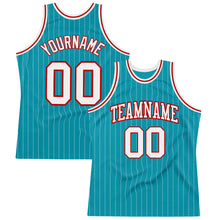 Laden Sie das Bild in den Galerie-Viewer, Custom Teal White Pinstripe White-Red Authentic Basketball Jersey
