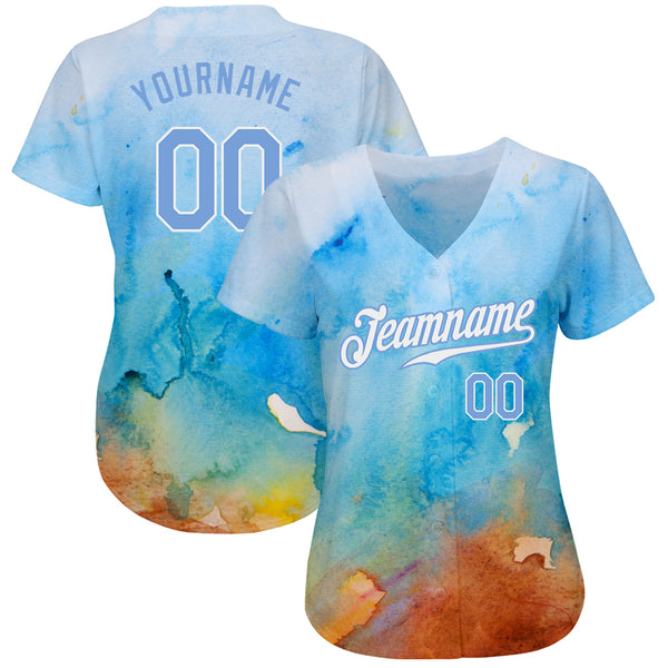 Cheap Custom Tie Dye Light Blue-White 3D Authentic Baseball Jersey