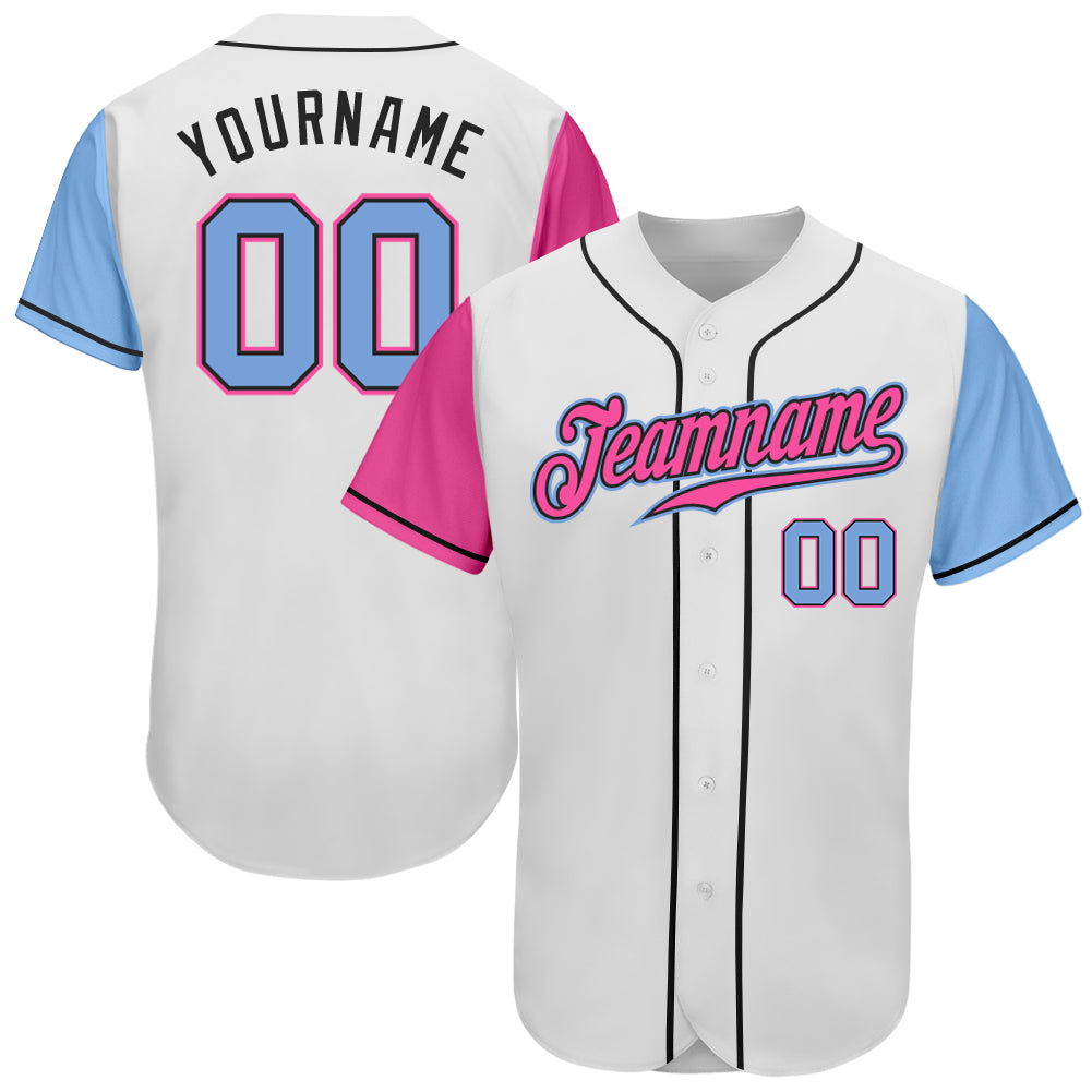 Custom White Light Blue-Pink Authentic Throwback Rib-Knit Baseball Jersey Shirt Men's Size:2XL