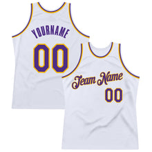 Load image into Gallery viewer, Custom White Purple-Gold Authentic Throwback Basketball Jersey
