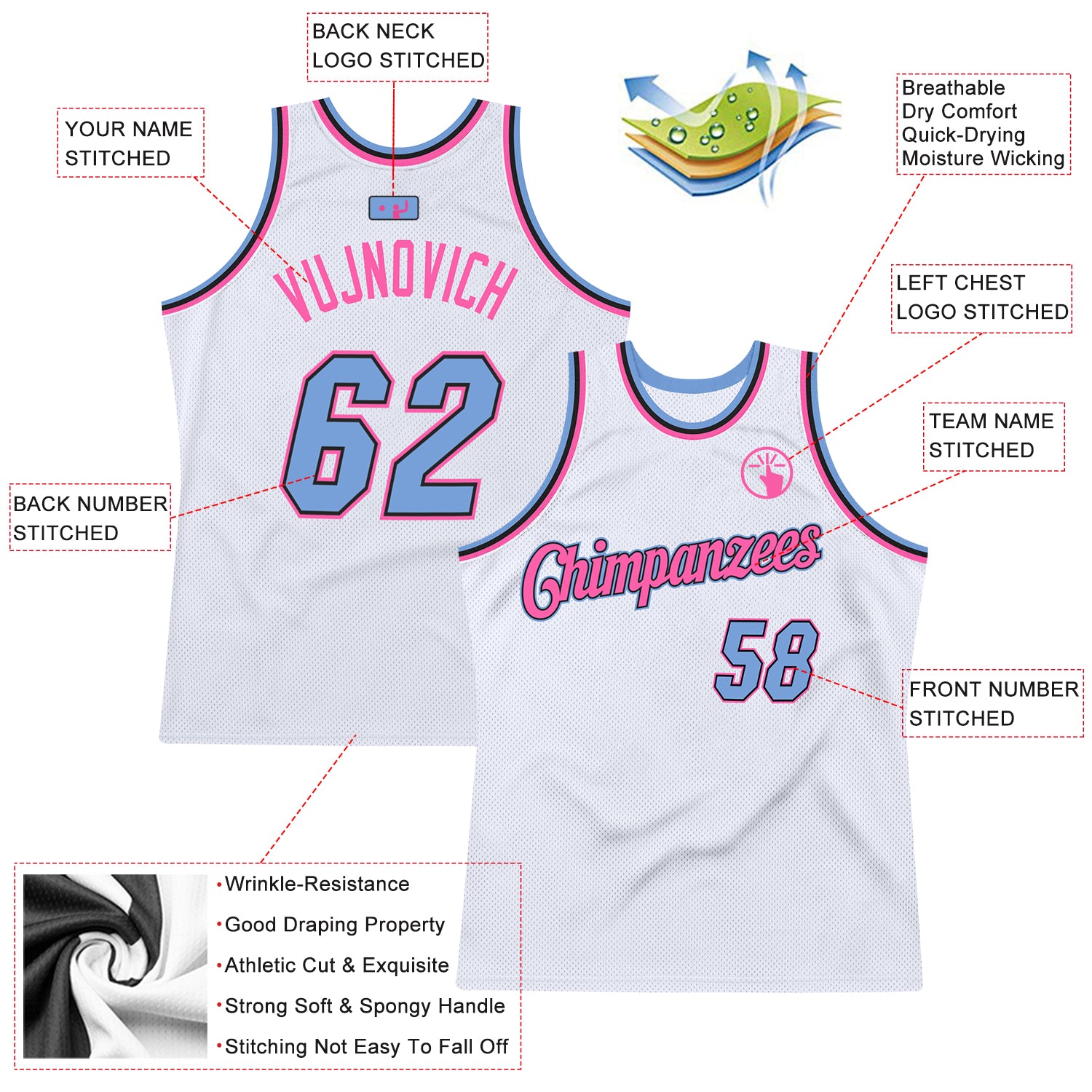 Create Basketball White Pink Light Blue Rib-Knit Jersey Clearance –  FanCustom