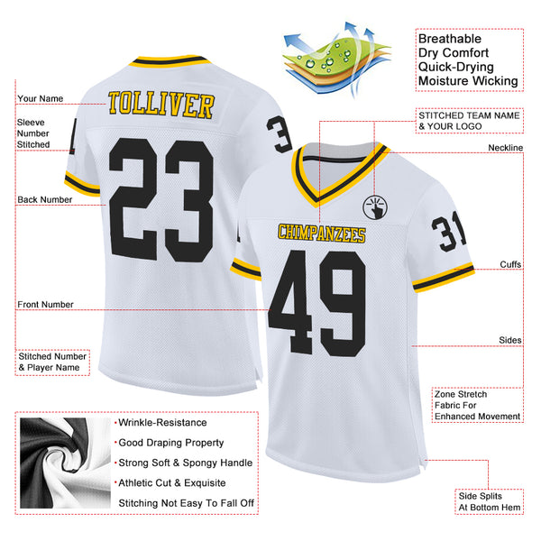 Custom Gold Black-White Mesh Authentic Throwback Football Jersey