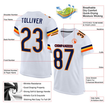 Custom White Navy-Orange Mesh Authentic Football Jersey