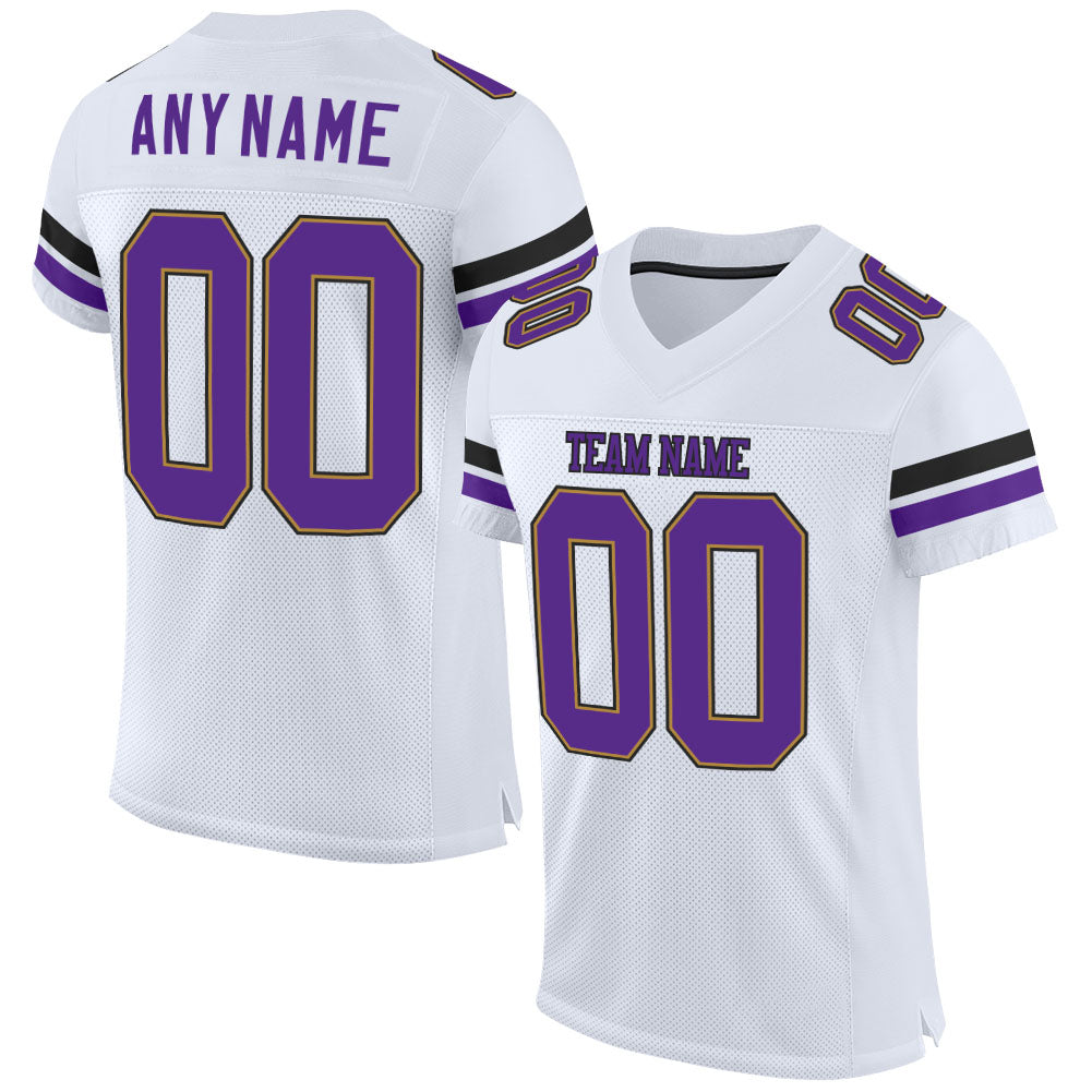 Custom White Purple-Old Gold Mesh Authentic Football Jersey