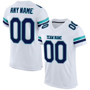 Custom White Navy-Aqua Mesh Authentic Football Jersey