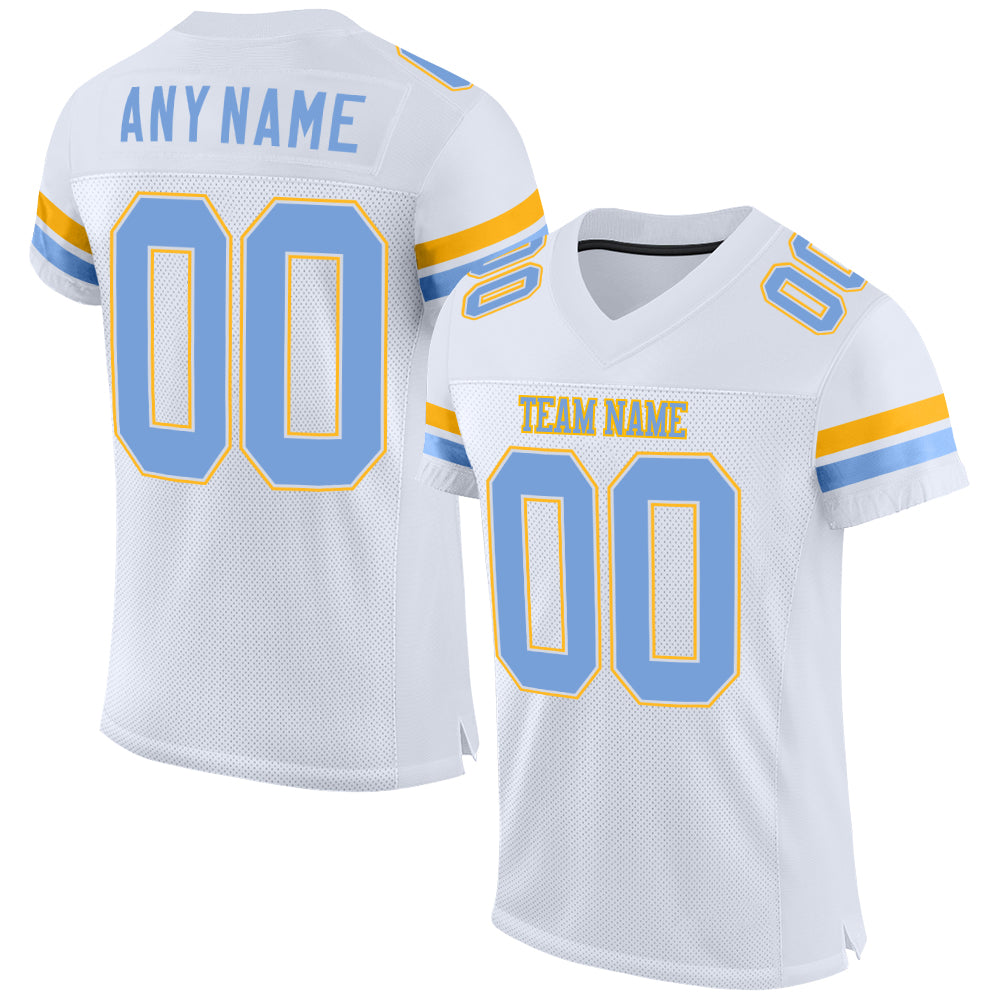 Custom White Light Blue-Gold Mesh Authentic Football Jersey