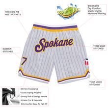 Load image into Gallery viewer, Custom White Purple Pinstripe Purple-Gold Authentic Basketball Shorts
