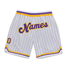 Load image into Gallery viewer, Custom White Purple Pinstripe Purple-Gold Authentic Basketball Shorts
