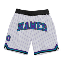 Load image into Gallery viewer, Custom White Purple Pinstripe Purple-Teal Authentic Basketball Shorts
