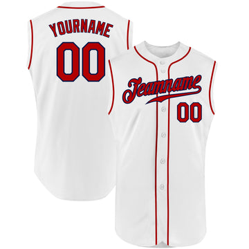 Custom White Red-Navy Authentic Sleeveless Baseball Jersey