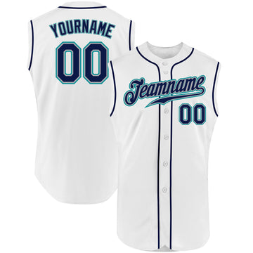 Custom White Navy-Teal Authentic Sleeveless Baseball Jersey