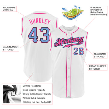 Custom White Light Blue-Pink Authentic Sleeveless Baseball Jersey