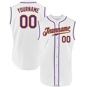 Custom White Purple-Gold Authentic Sleeveless Baseball Jersey