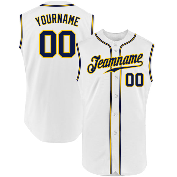 Custom White Navy-Gold Authentic Sleeveless Baseball Jersey Discount