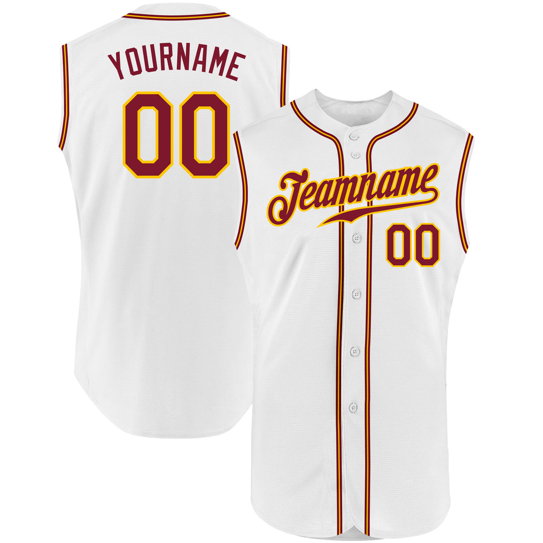 Custom White Crimson-Gold Authentic Sleeveless Baseball Jersey