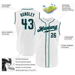 Custom White Black-Teal Authentic Sleeveless Baseball Jersey