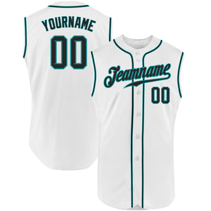 Custom White Black-Teal Authentic Sleeveless Baseball Jersey