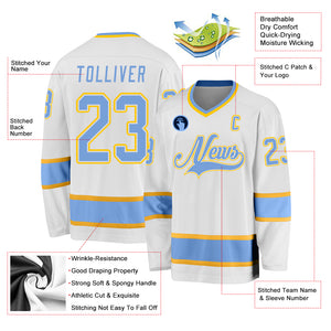 Custom White Light Blue-Gold Hockey Jersey