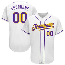 Load image into Gallery viewer, Custom White Purple-Gold Authentic Baseball Jersey
