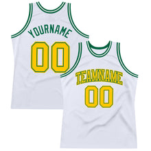 Laden Sie das Bild in den Galerie-Viewer, Custom White Gold-Kelly Green Authentic Throwback Basketball Jersey
